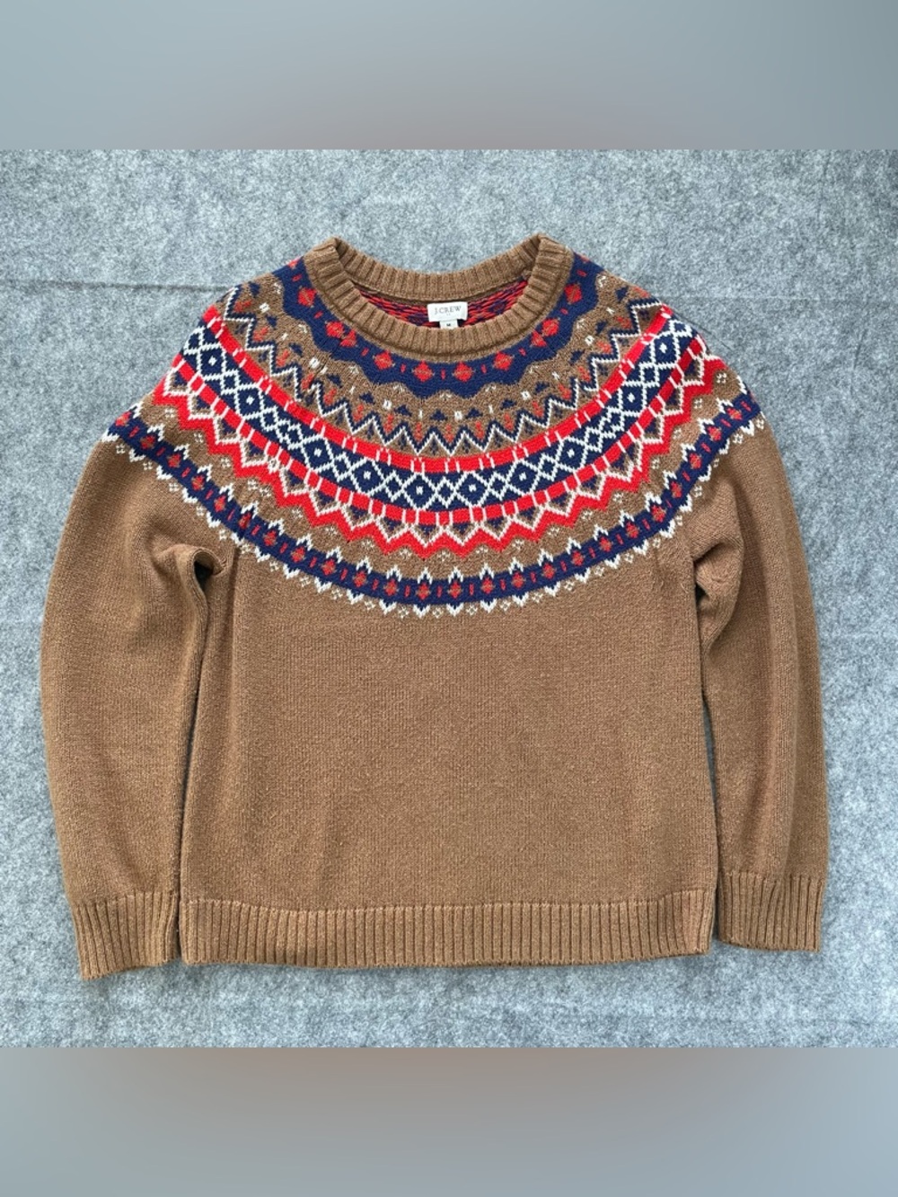 J Crew Fair Isle Sweater Womens Medium Brown Crew Neck Nordic Cotton Pullover